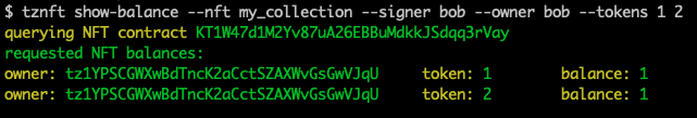 THe results of the `show-balance` command, with two NFTs in Bob&#39;s account